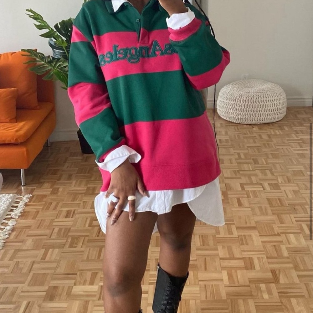 Zara Preppy Rugby Polo Quarter Button Pink Green Los Angeles Sweater Medium